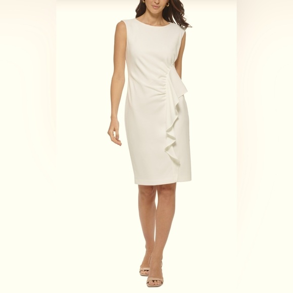 CALVIN KLEIN Ruffle-trim Sheath Dress Size 8 Cream Scuba Crepe Church Shower - Picture 1 of 12